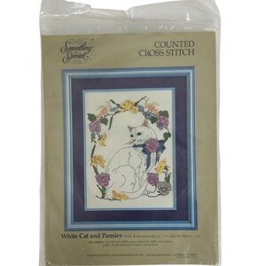NWT Vintage Something Special White Cat Pansies Counted Cross‎ Stitch Kit Needle
